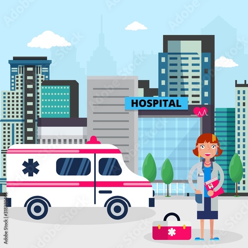 City urban hospital ambulance vector illustration flat. Hospital medical clinic center, car, doctor nurse woman standing outside. Medicine treatment and healthcare. Buildings, houses background.