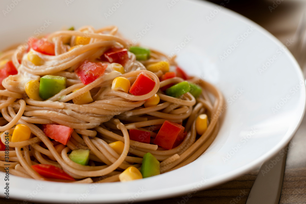 Delicious vegan pasta salad with tahini dressing. Noodles with quinoa or whole wheat pasta. Delicious vegan pasta salad with tahini dressing. Noodles with quinoa or whole wheat pasta.