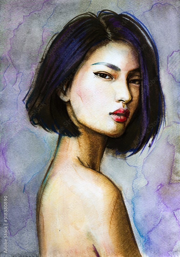 Fototapeta Watercolor portrait of asian young woman. Hand drawn portrait of beauty girl. fashion illustration of modern style