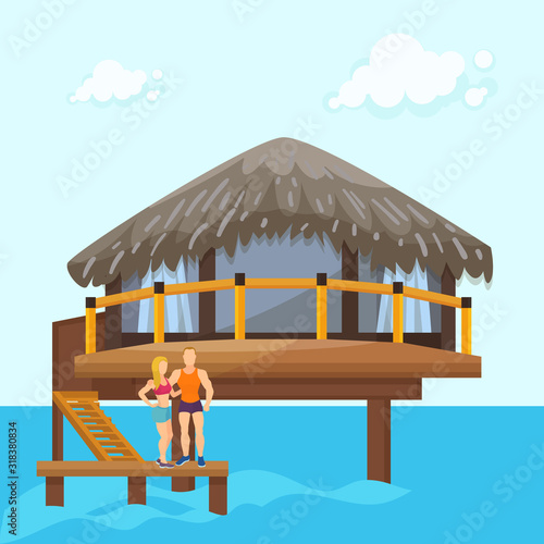 Couple on beach vacation in sea ocean water bungalow house vector illustration flat. People family man and woman girl tourists travellers relax in exotic tropical island resort.