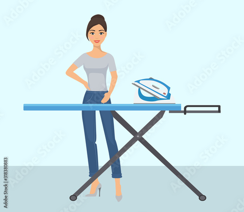 Young woman housewife by ironing board and iron vector illustration. Beautiful smiling girl by housework ironing clothes at home. Housekeeping job laundry service and equipment.