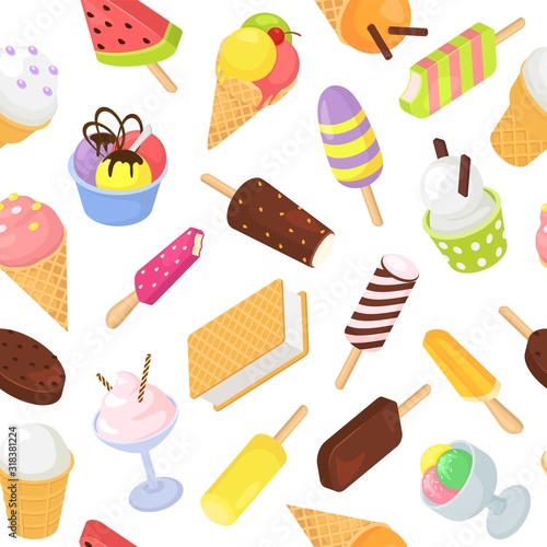Ice cream frozen dessert food sweets seamless pattern vector illustration. Va...