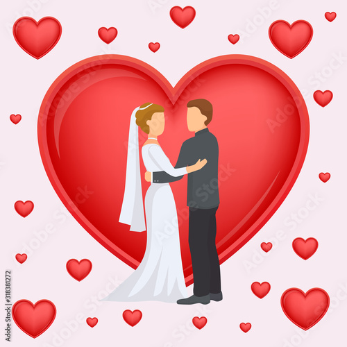 Wedding couple of newlyweds on background of big heart vector illustration. W...