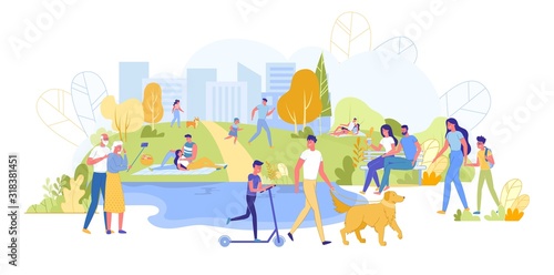 Summer Time in Park, Flat Man and Women Walking.
