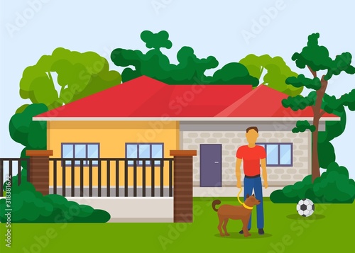 One man with domestic animal dog standing on lawn outside in front of private house with fence vector illustration. Owner man holds pedigreed trained canin dog on pets leash.