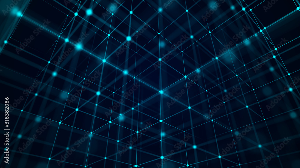 Fototapeta premium Abstract background with interweaving of colored lines and dots. Network connection structure. Big data visualization.