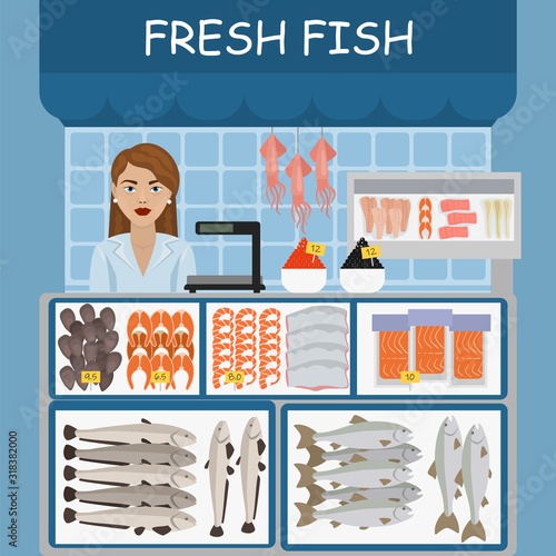 Fish market vector illustration. Fresh raw fish and seafood in assortment on kiosk store counter. Salmon, squid, clams, caviar healthy food products. Young pretty woman seller girl.