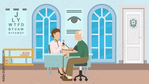 Medical clinic, hospital office and consultation of patient with doctor vector illustration. Doctor with tonometer measures blood pressure of elderly man. Healthcare, diagnosis, medical treatment.