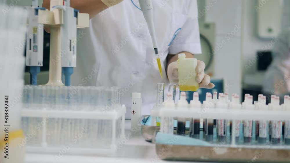 Scientist working with coronavirus samples at lab. Yellow liquid is being poured into test tubes Scientist working with coronavirus samples at lab. Yellow liquid is being poured into test tubes