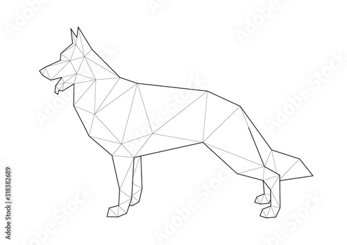 Low poly illustrations of dogs. German Shepherd standing on white background.