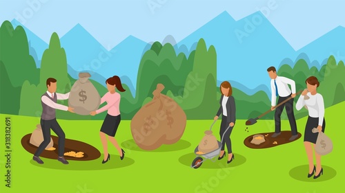Banking  financial business  growing income  money savings concept vector illustration. Business people team dig money out of ground with shovel  carry bags of coins on wheelbarrow.