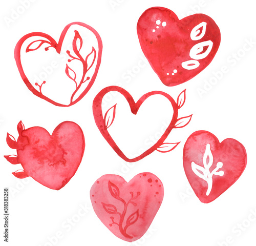 Watercolor romantic set with red hearts. Hand drawn elements isolated on white background. Illustration perfect for design or textile