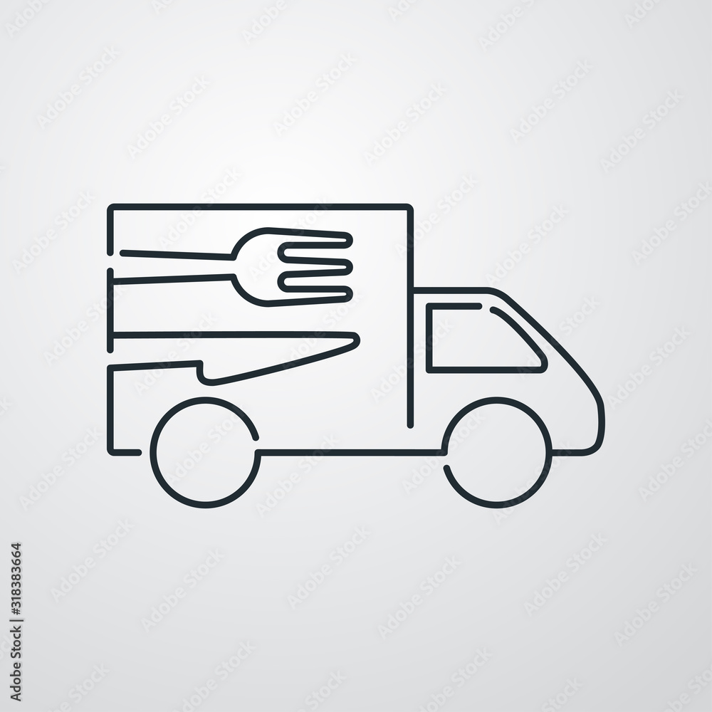 Símbolo de entrega urgente. Camión con tenedor y cuchillo. Icono plano lineal en fondo gris Símbolo de entrega urgente. Camión con tenedor y cuchillo. Icono plano lineal en fondo gris