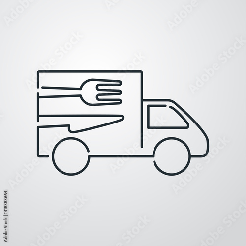 Símbolo de entrega urgente. Camión con tenedor y cuchillo. Icono plano lineal en fondo gris