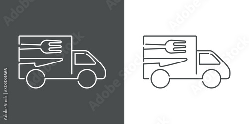 Símbolo de entrega urgente. Camión con tenedor y cuchillo. Icono plano lineal en fondo gris y fondo blanco
