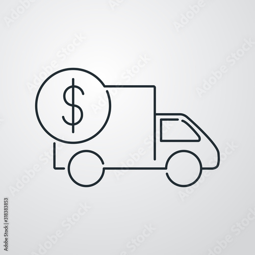 Símbolo de entrega económico. Envío con camión y moneda de dolar. Icono lineal en fondo gris