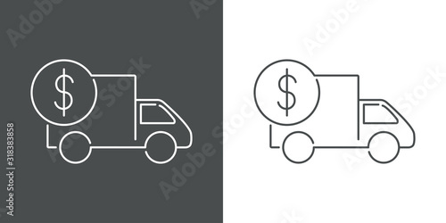 Símbolo de entrega económico. Envío con camión y moneda de dolar. Icono lineal en fondo gris y fondo blanco