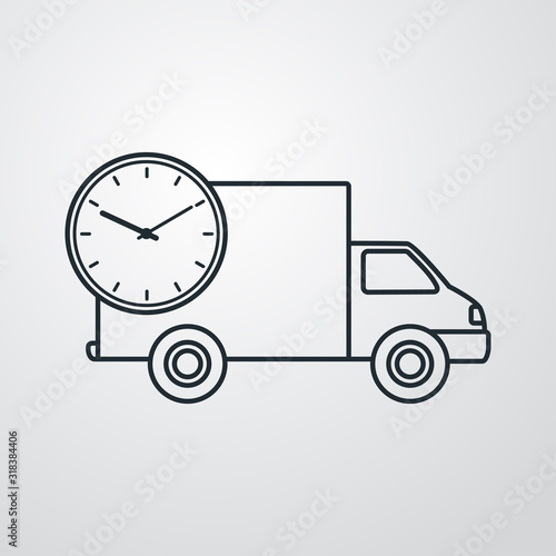 Símbolo de entrega urgente. Envío rápido con reloj y camión. Icono lineal en fondo gris