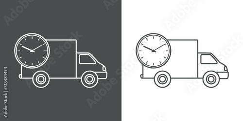 Símbolo de entrega urgente. Envío rápido con reloj y camión. Icono lineal en fondo gris y fondo blanco