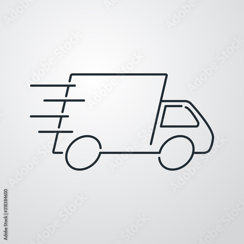 Símbolo de entrega urgente. Envío rápido con camión y líneas de velocidad. Icono lineal en fondo gris