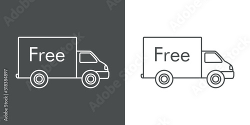 Símbolo de entrega gratuita. Envío con camión y palabra Free. icono lineal en fondo gris y fondo blanco