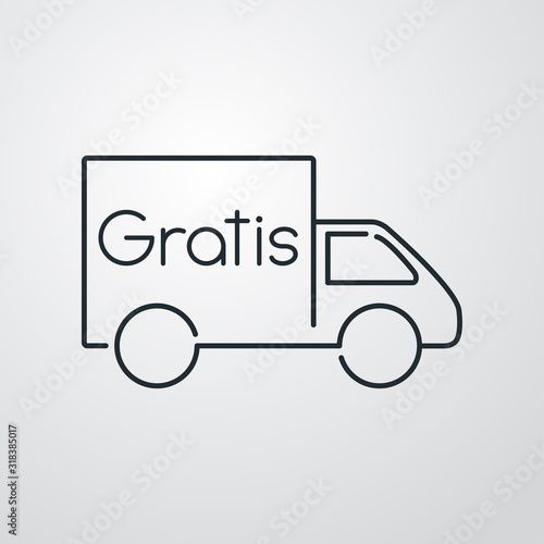 Símbolo de entrega gratuita. Envío con camión y palabra Gratis. icono lineal en fondo gris