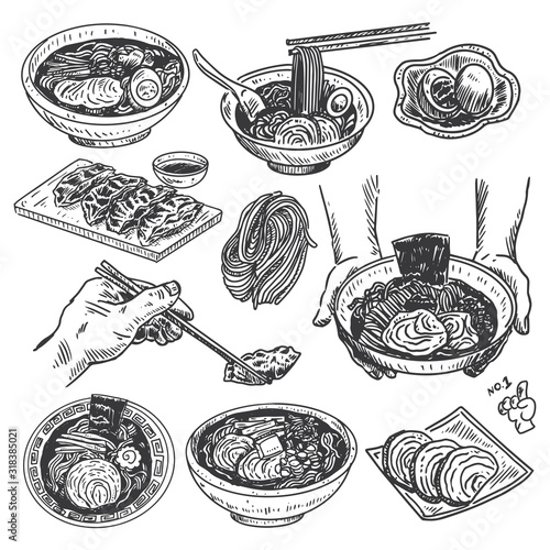Vintage food sketch, Hand drawn Japanese ramen menu, Vector