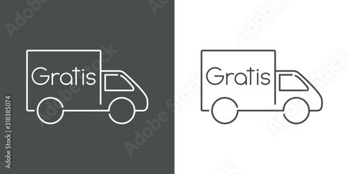 Símbolo de entrega gratuita. Envío con camión y palabra Gratis. icono lineal en fondo gris y fondo blanco