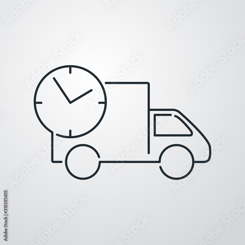 Símbolo de entrega urgente. Envío rápido con reloj y camión. Icono lineal en fondo gris