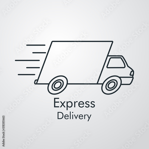 Símbolo de entrega urgente. Envío rápido con camión y líneas de velocidad. Icono lineal en fondo gris