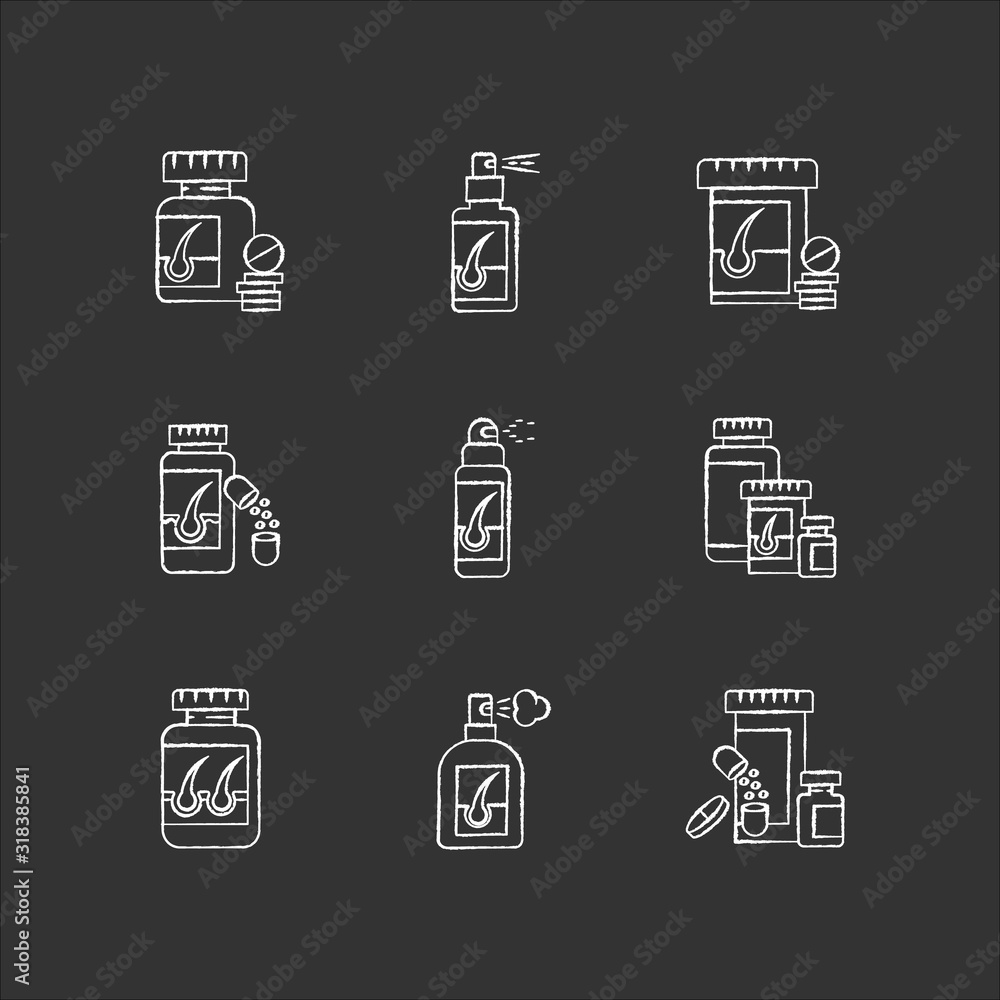 Hair loss chalk white icons set on black background. Medicament for alopecia. Vitamin supplements to help hair thinning. Medical pills, spray for baldness. Isolated vector chalkboard illustrations Hair loss chalk white icons set on black background. Medicament for alopecia. Vitamin supplements to help hair thinning. Medical pills, spray for baldness. Isolated vector chalkboard illustrations