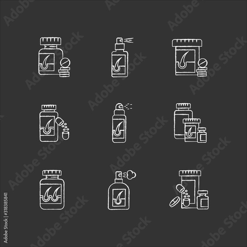 Hair loss chalk white icons set on black background. Medicament for alopecia. Vitamin supplements to help hair thinning. Medical pills, spray for baldness. Isolated vector chalkboard illustrations