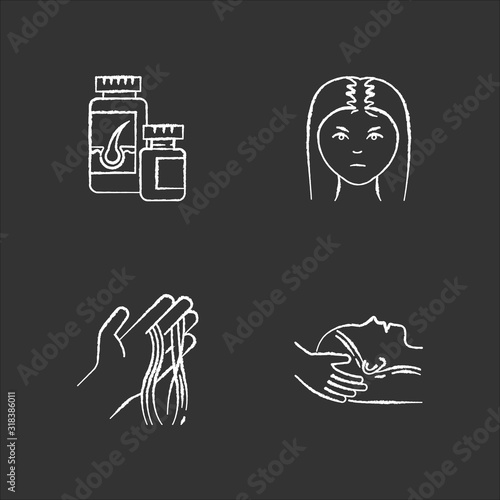 Hair loss chalk white icons set on black background. Female baldness. Alopecia treatment. Woman with thinning hair. Strands on hand. Vitamin supplements. Isolated vector chalkboard illustrations