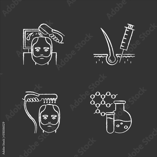 Hair loss chalk white icons set on black background. Laser therapy for men's thinning hair. Medical injection for alopecia. Chemistry, medicine. Dermatology. Isolated vector chalkboard illustrations