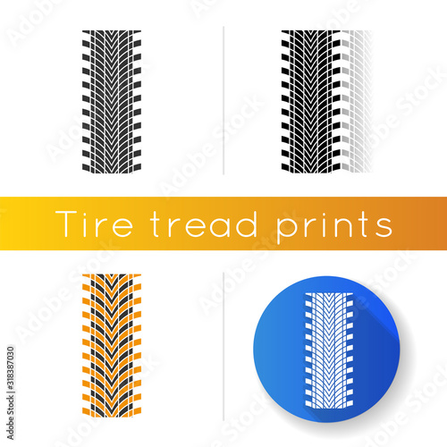 Tire printicon. Detailed automobile, motorcycle directional tyre marks. Car wheel trace with thick grooves. Vehicle street tire trail. Linear black and RGB color styles. Isolated vector illustrations