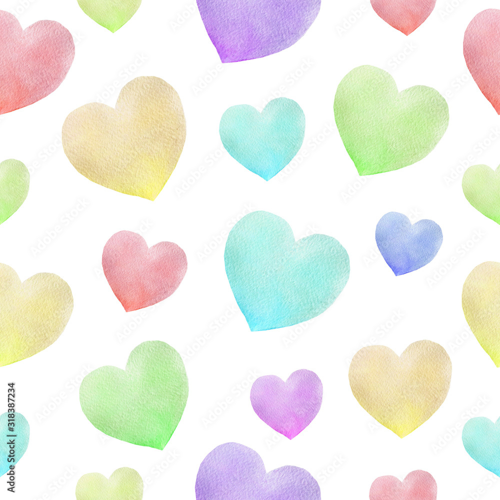 Repeated Watercolor hearts in romantic style. Pattern for valentine's. Can be used on packaging paper,