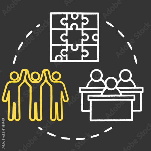 Full inclusion chalk RGB color concept icon. Student group dynamics. Diverse community assistance. Inclusive education idea. Vector isolated chalkboard illustration on black background