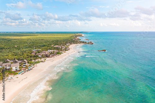 Fototapeta Naklejka Na Ścianę i Meble -  Amazing aerial view of Tulum Beach, in the Caribbean Ocean, near Cancun, Mexico