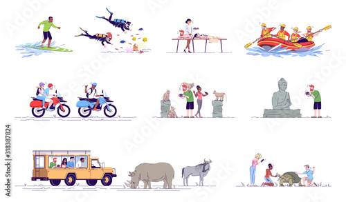 Indonesia tourism flat doodle illustrations set. Water activities. Rafting, surfing. Monkey forest. Safari trip. Summer vacation. Exotic country. 2D cartoon character with outline for commercial use © bsd studio