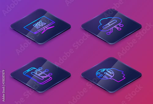 Set Isometric line Monitor display with 5k video, Smartphone, mobile phone, Internet of things and Human brain as digital circuit board. Blue square button. Vector