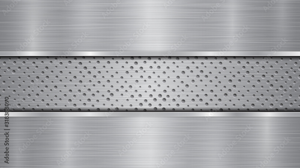 Background in silver and gray colors, consisting of a perforated metallic surface with holes and two horizontal polished plates located above and below, with a metal texture, glares and shiny edges Background in silver and gray colors, consisting of a perforated metallic surface with holes and two horizontal polished plates located above and below, with a metal texture, glares and shiny edges
