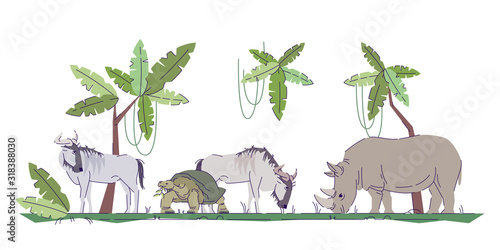 Indonesian wildlife flat doodle illustration. Wild animals in natural habitat. Tropical forest. Rainforest life. Exotic country. Indonesia tourism 2D cartoon character with outline for commercial use