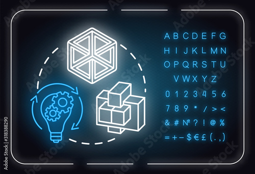 Abstract thinking neon light concept icon. Design thinking. Brainstorming idea thin line illustrationidea. Outer glowing sign with alphabet, numbers and symbols. Vector isolated RGB color illustration