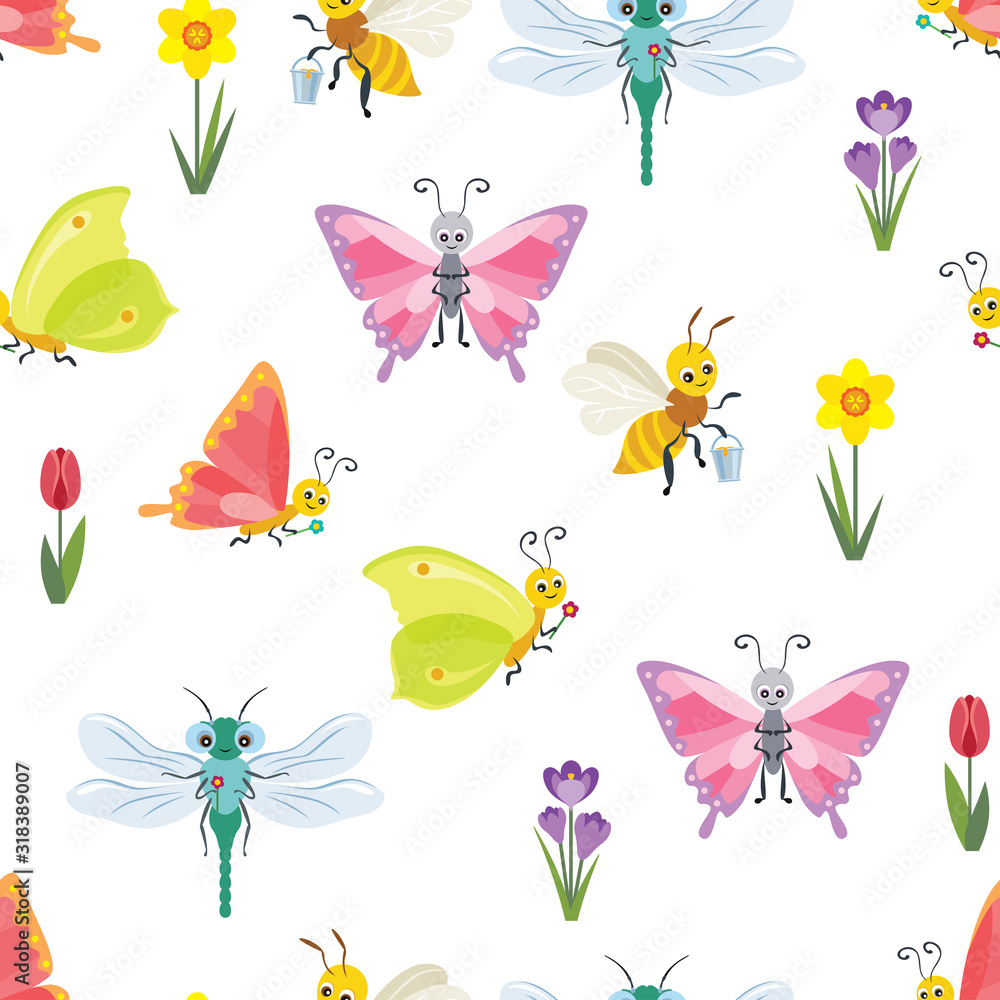 Seamless pattern with colored butterflies, bees, dragonflies and spring flowers on a white background. Vector illustration of cute winged flying insects. Cartoon flat style. Children's characters.