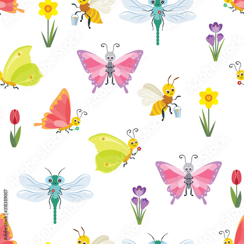 Seamless pattern with colored butterflies, bees, dragonflies and spring flowers on a white background. Vector illustration of cute winged flying insects. Cartoon flat style. Children's characters. © Sunnydream