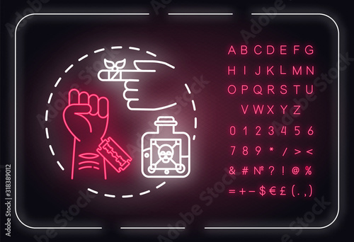 Self harm neon light concept icon. Masochism. Personality disorder idea thin line illustrationidea. Outer glowing sign with alphabet, numbers and symbols. Vector isolated RGB color illustration