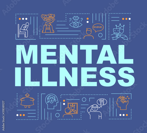 Mental illness word concepts banner. Personality disorders. Depression, insanity. Infographics with linear icons on dark blue background. Isolated typography. Vector outline RGB color illustration
