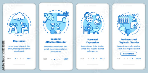 Mental disorder onboarding mobile app page screen with concepts. Depression. Psychological problems walkthrough four steps graphic instructions. UI vector template with RGB color illustrations