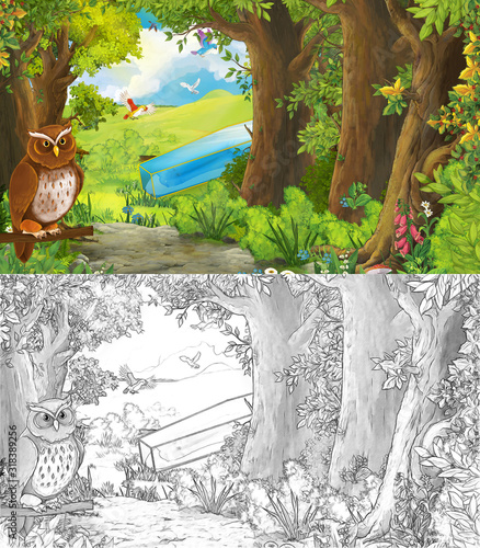 Fototapeta Naklejka Na Ścianę i Meble -  cartoon summer scene with bird with meadow in the forest sketch page