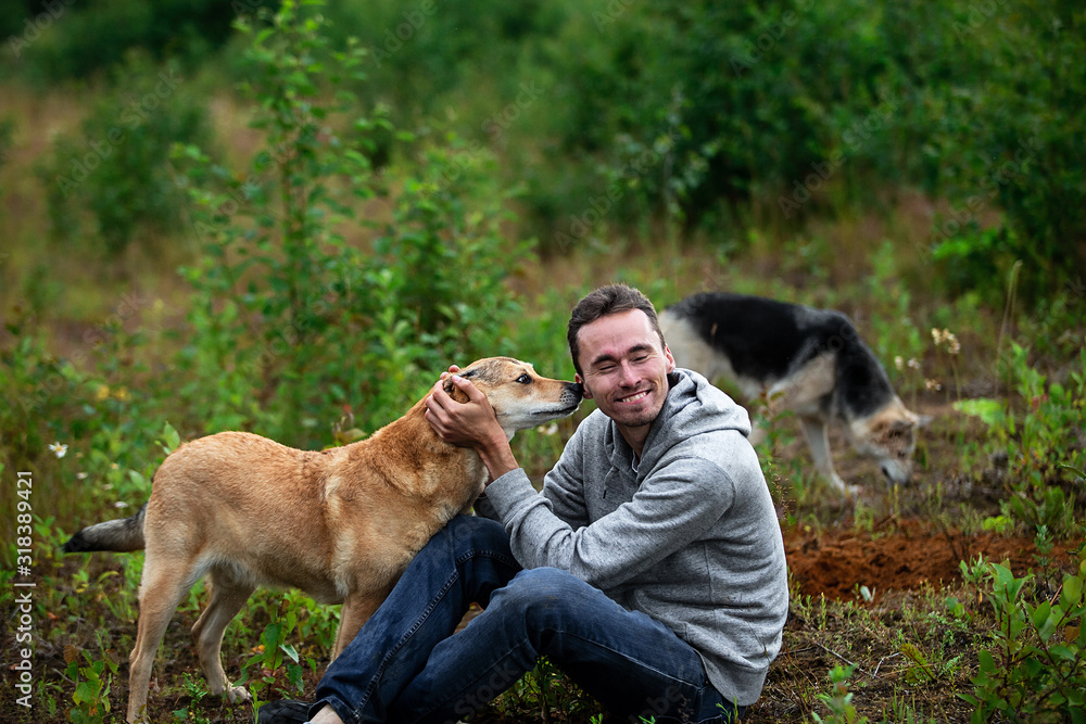 Joyful man having fun with dog on meadow Joyful man having fun with dog on meadow